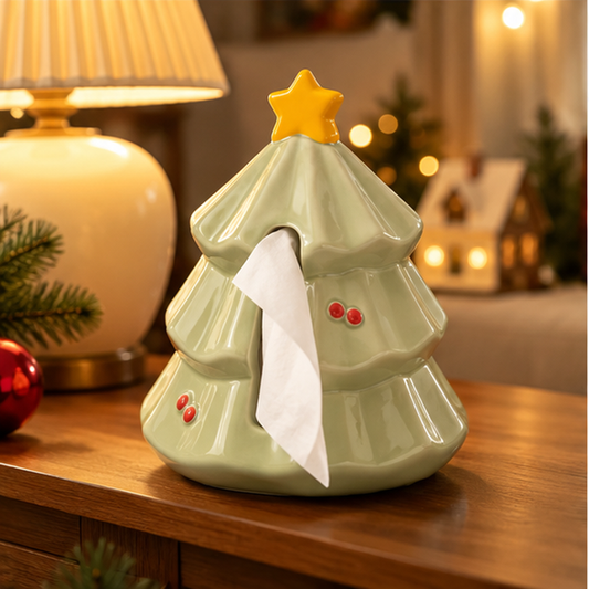 Nestqivo® Christmas Tree Tissue Box Cover – Ceramic Holiday Tissue Holder with Star Topper