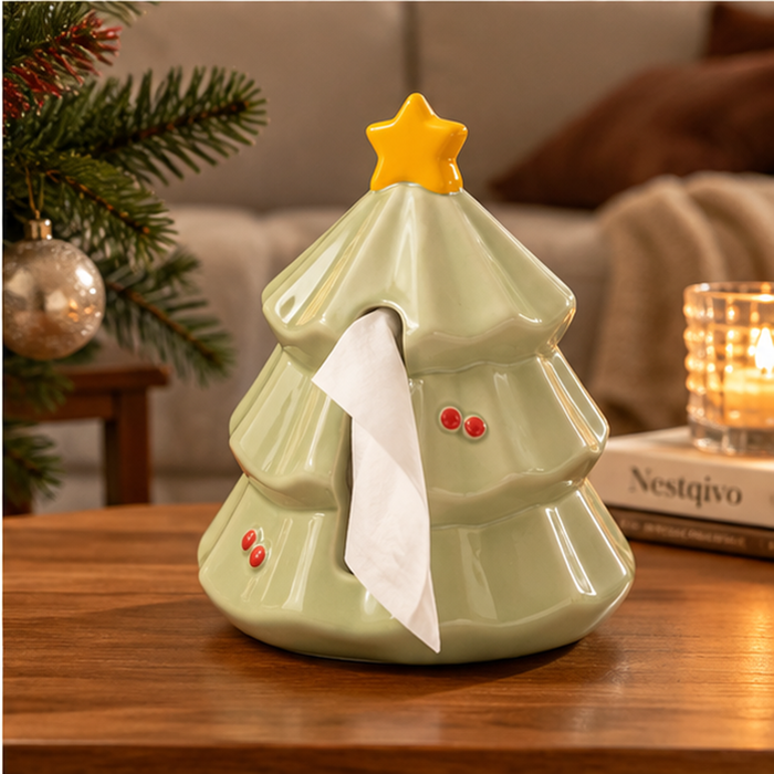 Nestqivo® Christmas Tree Tissue Box Cover – Ceramic Holiday Tissue Holder with Star Topper