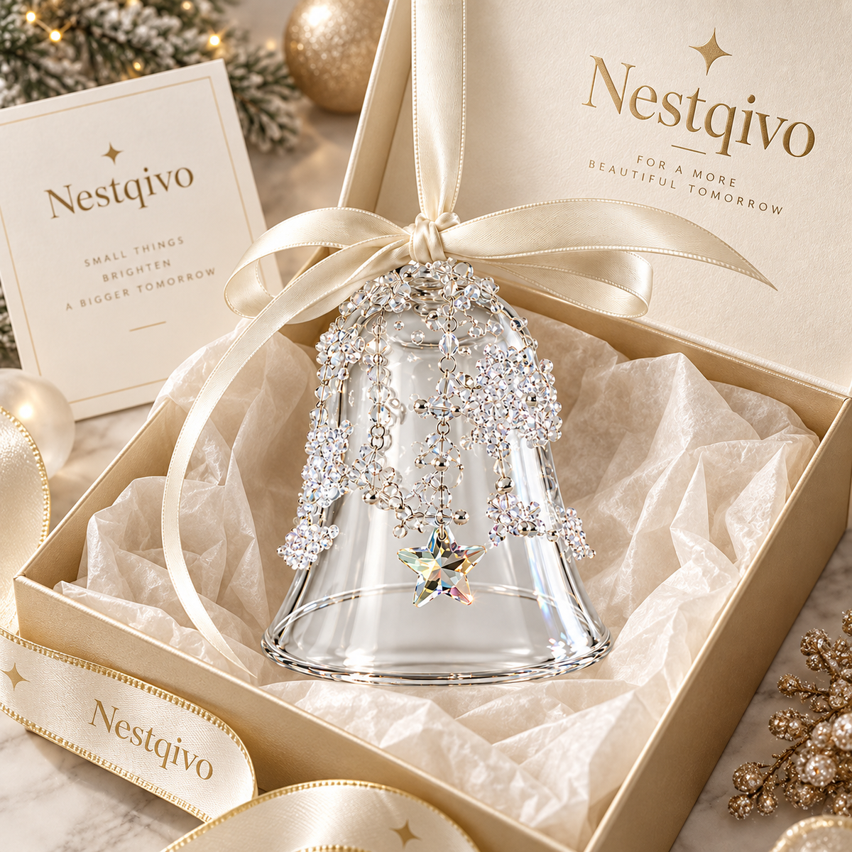 Nestqivo® Crystal Bell Hanging Ornament with Ribbon & Star Charm