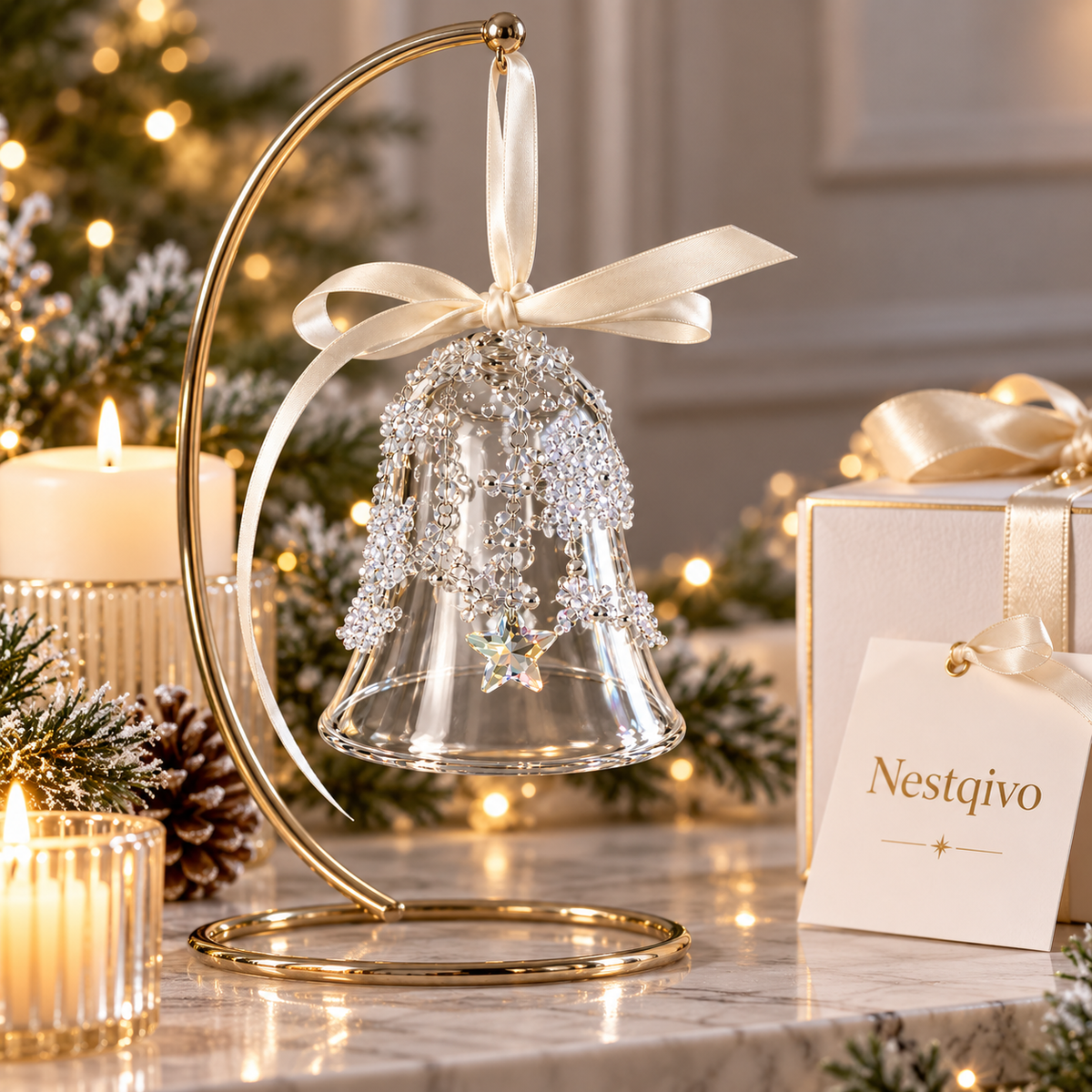 Nestqivo® Crystal Bell Hanging Ornament with Ribbon & Star Charm