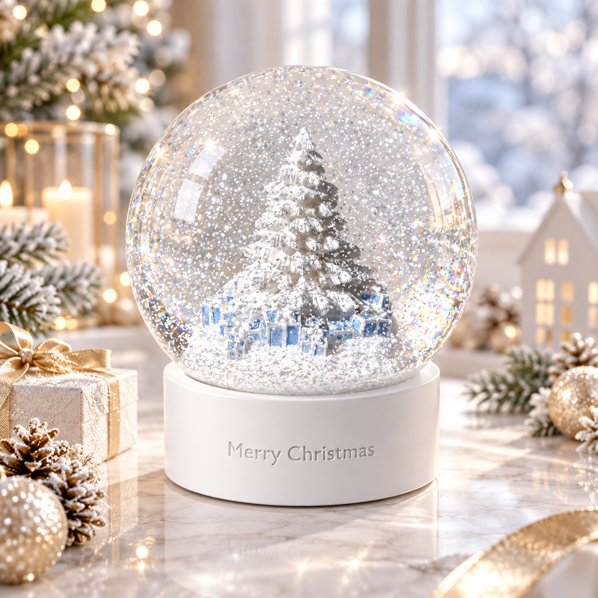 Nestqivo® Christmas Snow Globe with Tree & Gifts – Holiday Tabletop Décor