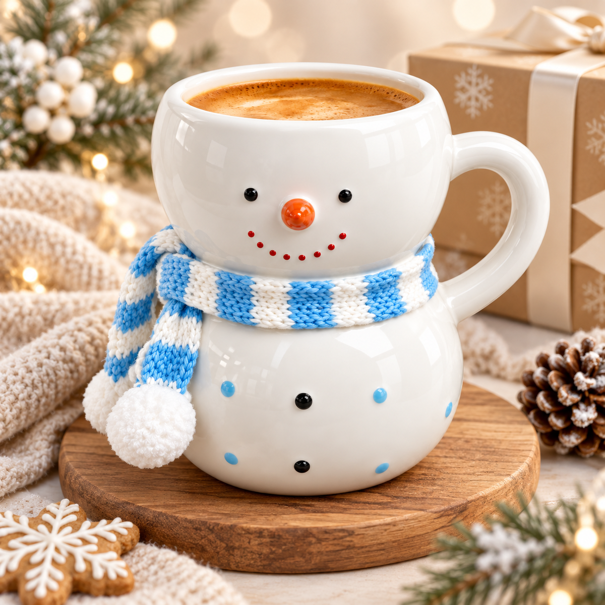 Nestqivo® Christmas Snowman Mug with Knitted Scarf – Festive Holiday Ceramic Coffee Cup