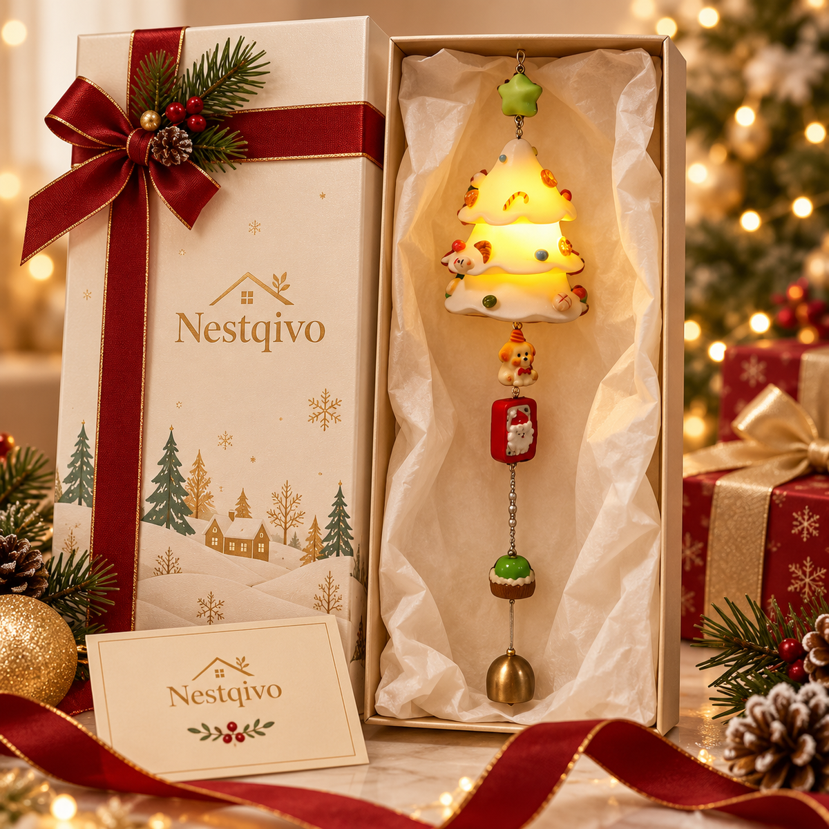 Nestqivo® Christmas Tree Wind Chime – Festive Hanging Holiday Ornament with Bell