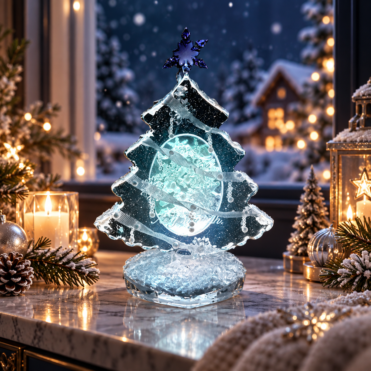 Nestqivo® Crystal Christmas Tree Ornament with Snowflake Glow – Holiday Tabletop Décor