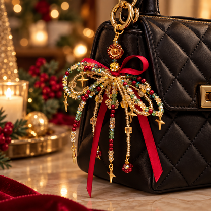Nestqivo® Christmas Bow Bag Charm – Beaded Holiday Pendant Keychain