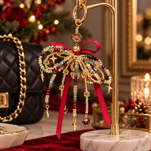 Nestqivo® Christmas Bow Bag Charm – Beaded Holiday Pendant Keychain