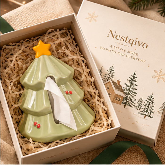 Nestqivo® Christmas Tree Tissue Box Cover – Ceramic Holiday Tissue Holder with Star Topper